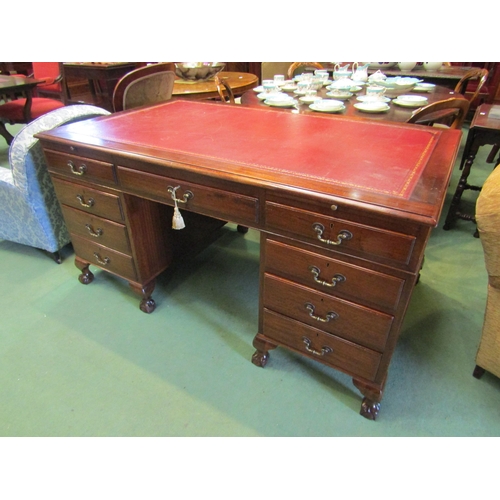 4178 - A George III style mahogany twin pedestal desk, the gilt tooled leather writing surface over brushin... 