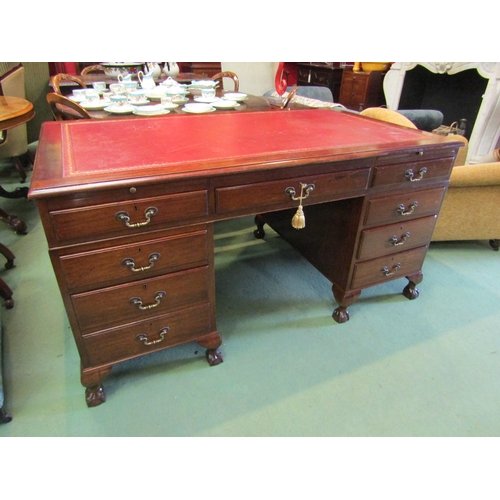 4178 - A George III style mahogany twin pedestal desk, the gilt tooled leather writing surface over brushin... 