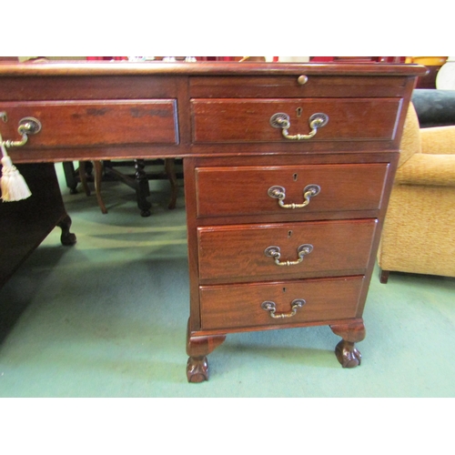 4178 - A George III style mahogany twin pedestal desk, the gilt tooled leather writing surface over brushin... 