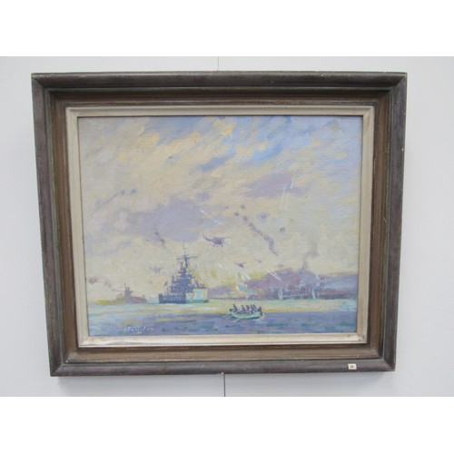 4177 - DENNIS ROY HODDS (1933- 1987) A framed oil on board of 'H.M.S Yarmouth At The Falklands'. Signed bot... 