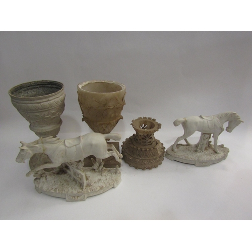 4353 - Two Parian style horse figures, lidded urn and a goblet style vase.  All a/f (4)