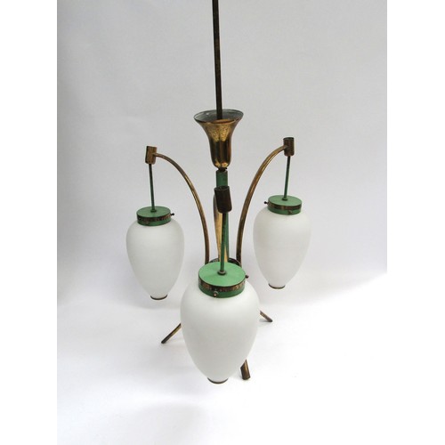 4388 - A mid 20th Century Italian Stilnovo chandelier in green with three white glass shades  (R)  £100