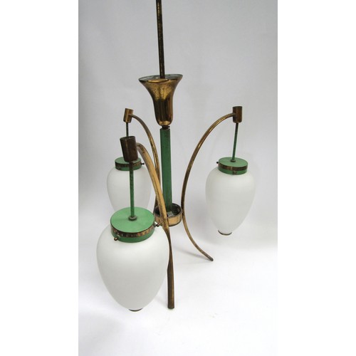 4388 - A mid 20th Century Italian Stilnovo chandelier in green with three white glass shades  (R)  £100