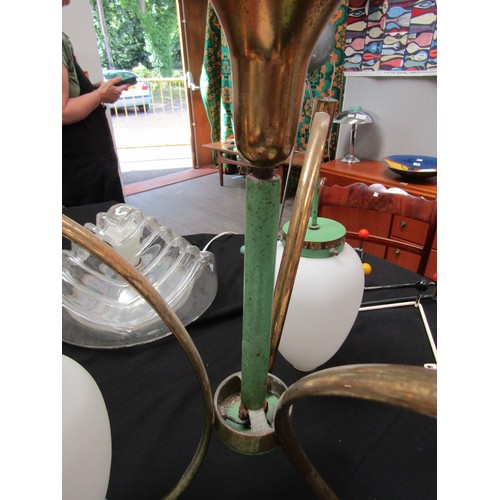 4388 - A mid 20th Century Italian Stilnovo chandelier in green with three white glass shades  (R)  £100