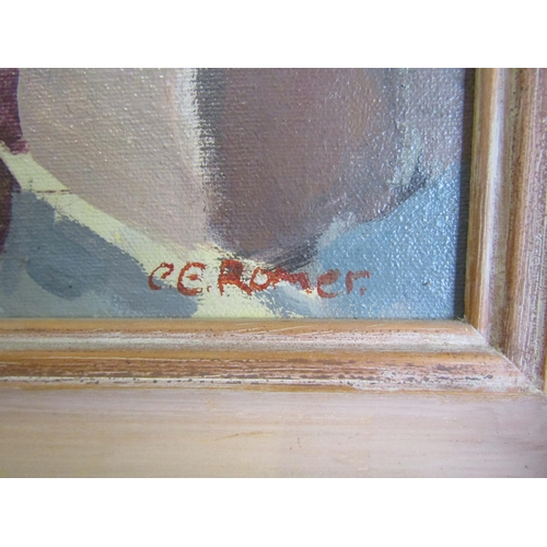 4017 - C.E. ROMER: Oil on canvas of a lady seated at a balcony.  Signed lower right.  Framed.  62.5cm x 50c... 