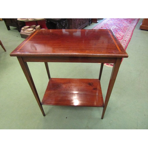 4081 - An Edwardian crossbanded and inlaid mahogany two tier lamp table on square tapering legs, 70cm x 61c... 