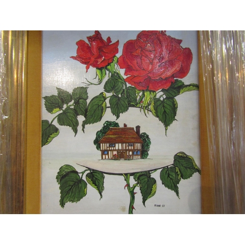 4088 - FLEUR COWLES (American 1908-2009): An oil on board depicting a cottage and rose, 39cm x 29cm image s... 