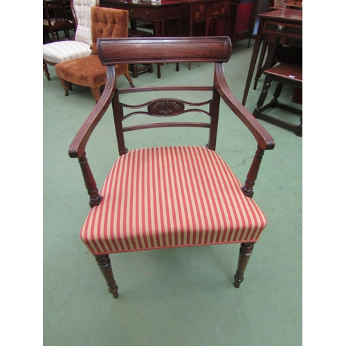 4096 - A Regency mahogany armchair with carved and fretwork cross splat the reeded arms on turned supports ... 