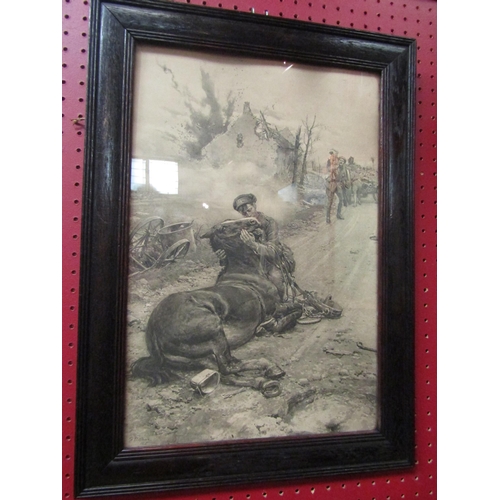 4112 - Signed and dated 1915 an oak framed picture of First World War battle scene of Royal Horse Artillery... 