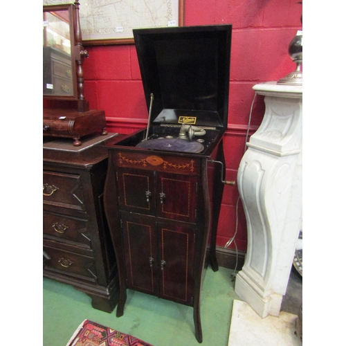 4139 - An Edwardian upright cabinet gramophone with inlaid decoration and winding handle