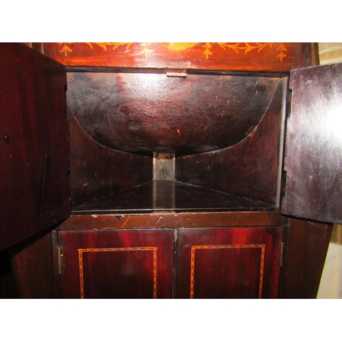 4139 - An Edwardian upright cabinet gramophone with inlaid decoration and winding handle