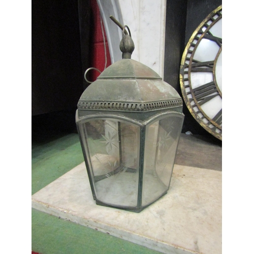 4146 - A copper hanging porch lantern with cut glass panels, 35cm tall   (R) £30