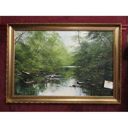 4183 - EVANS (XX): An oil on canvas of woodland stream, signed lower-right, 60cm x 91.5cm, gilt framed