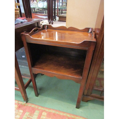 4195 - A George III revival flame mahogany nightstand the galleried top with fret handles over an open shel... 