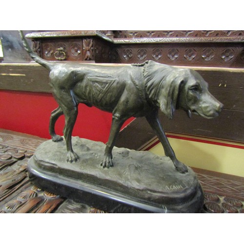 4011 - After Auguste Cain a hollow cast bronze figure of a bloodhound with Masonic symbol to side, on marbl... 