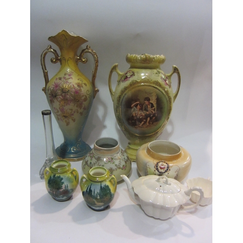 4370 - A collection of decorative vases, Foley teapot, silver rimmed glass vase, etc