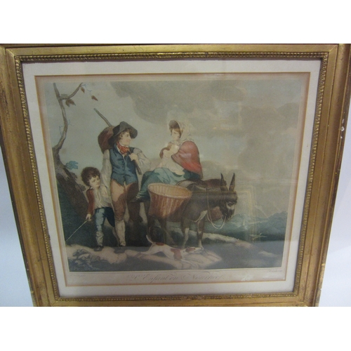 4374 - A pair of 19th Century French coloured prints of country figures including donkey, framed and glazed... 