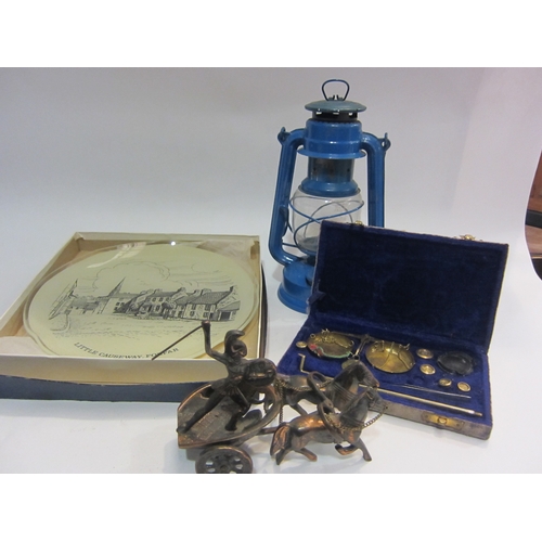 4387 - A mixed lot including paraffin lamp, Feuerhand hurricane lamp, assorted brassware, Whitefriars vase,... 