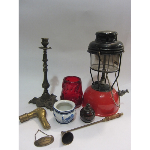 4387 - A mixed lot including paraffin lamp, Feuerhand hurricane lamp, assorted brassware, Whitefriars vase,... 