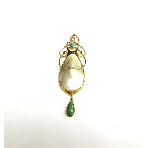 8024 - An Art Nouveau Murrle Bennet and Co pendant, gold, turquoise and shell (slight natural crack to shel... 