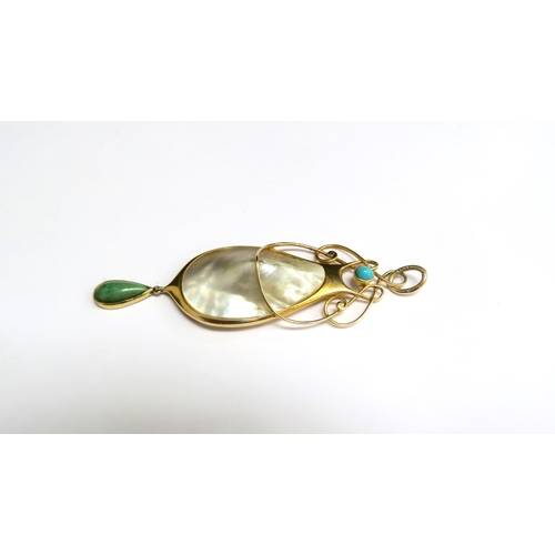 8024 - An Art Nouveau Murrle Bennet and Co pendant, gold, turquoise and shell (slight natural crack to shel... 