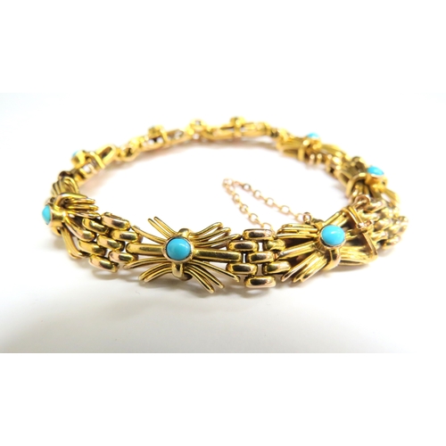 8001 - A 9ct gold fancy link bracelet set with eight cabochon turquoise stones, 18cm long, 16.1g