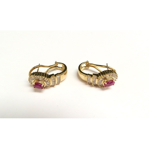 8026 - A pair of gold ruby and baguette diamond cluster earrings, pierced ears stamped 14k, 2.2cm long, 10.... 