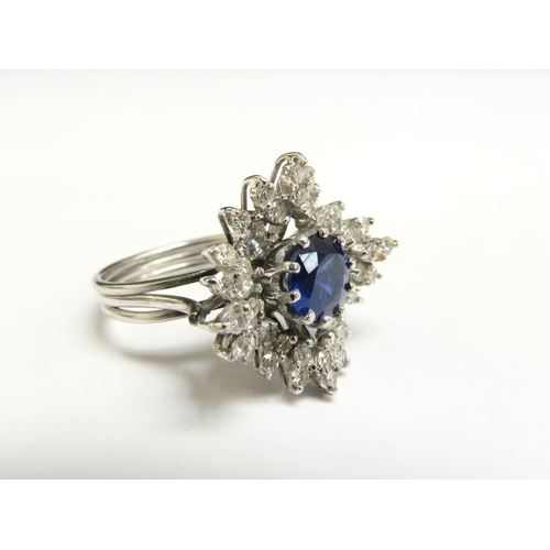 8003 - A white gold sapphire and diamond cluster ring, unmarked. Size K, 7.2g   (C)