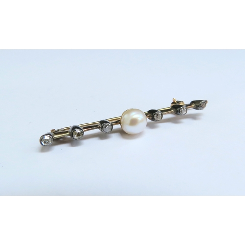 8041 - A diamond and pearl set bar brooch, unmarked, 4.8cm long, 2.9g