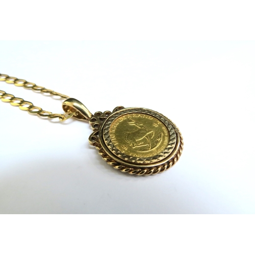 8028 - A 9ct gold flatlink neckchain, 50cm long, hung with a 1/10oz Krugerrand in gold pendant mount, 11.3g