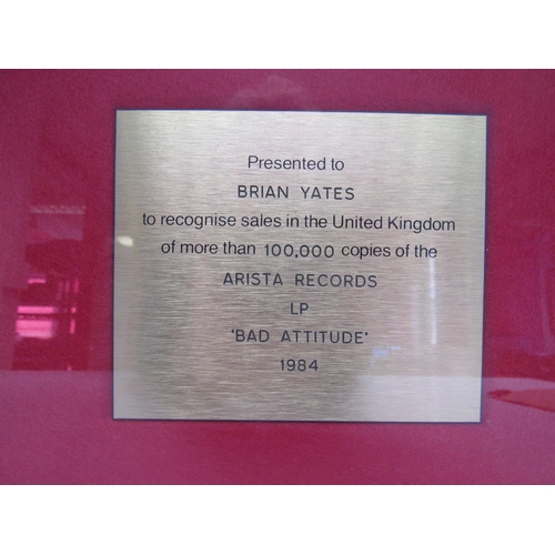 7300 - MEAT LOAF: A framed and glazed gold disc Presented To Brian Yates To Recognise Sales In The United K... 