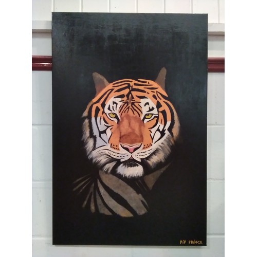 1005 - PIP PRINCE: An acrylic on canvas study of tigers head, signed lower right, 91cm x 61cm