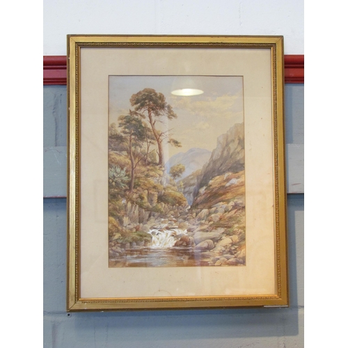 1054 - C.F. JONES: A watercolor of a stream with mountain to background, signed and dated 1860 lower right,... 