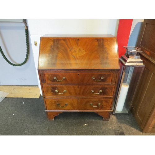 1083 - A Georgian style flame mahogany crossbanded bureau, diamond form marquetry to fall front, over three... 