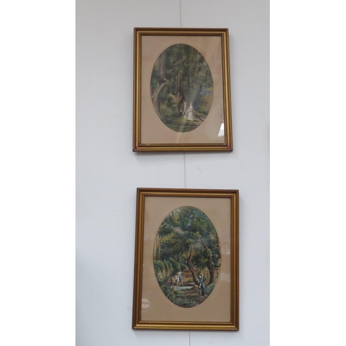 1102 - WITHDRAWN J.J.COX (XIX): A pair of framed and glazed watercolours, figures on woodland path. One sig... 