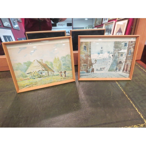 1107 - A pair of Polish watercolours, cottage and snowy Warsaw street, framed and glazed, 16cm x 22cm image... 