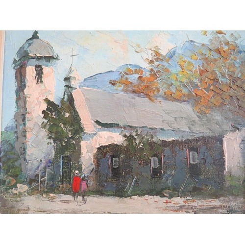 1108 - A watercolour of an Eastern European church, 20cm x 14cm image size, together with a Brazilian oil o... 