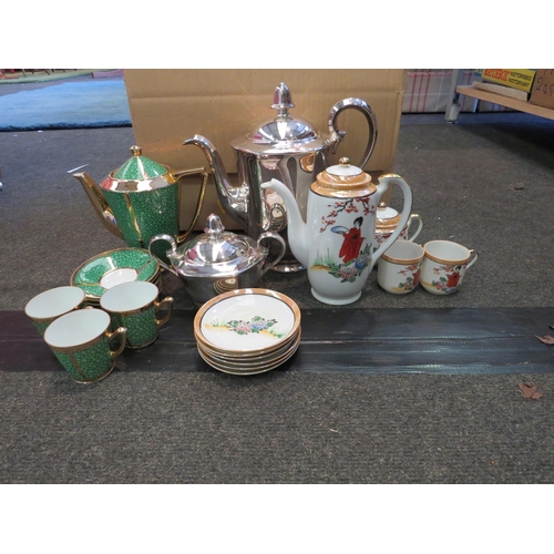 1167 - Two boxes of ceramics, a Lithophane Japanese tea set depicting a naked lady, Denby Greenwheat etc.