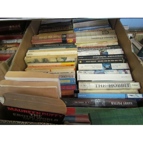 1427 - A box of paperback novels including Catch-22, Harry Potter and a box of mostly hardback volumes incl... 