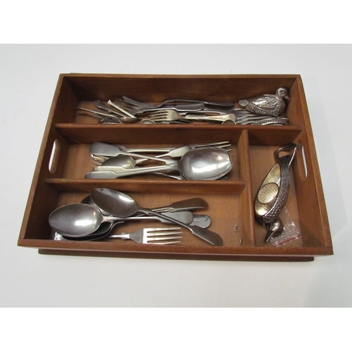 1450 - A wooden cutlery tray with contents including rose bowl, duck cruets and bird bottle opener