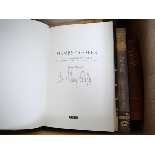 1482 - A box of assorted biographies including Henry Cooper signed, J.D. Salinger, Isaac Newton, Edward Sea... 