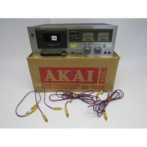 7376 - A boxed Akai CS-703D stereo cassette deck with four Kimber Kable RCA cables