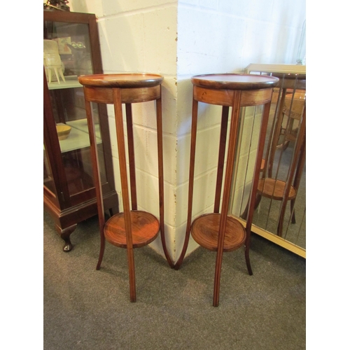 1004 - A pair of Edwardian mahogany jardiniere stands, satinwood strung with shell marquetry centre, with u... 