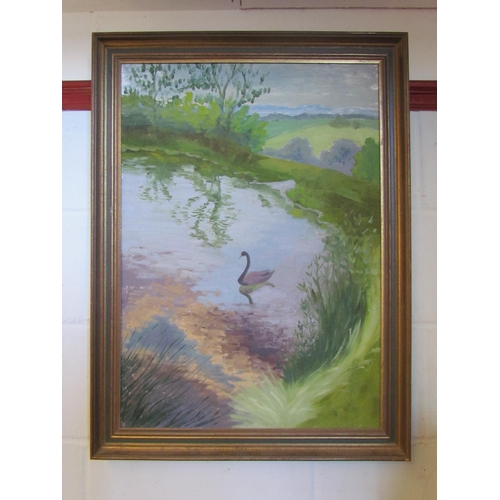 1012 - Dated 1980 an oil on canvas depicting black swan in rural setting, framed, 70cm x 50cm image size   ... 