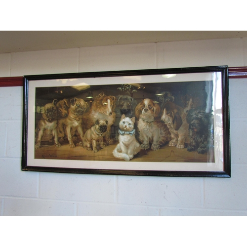 1017 - A Louis Wain print of dogs and cat under mistletoe, framed and glazed, some stains, 41cm x 97cm imag... 