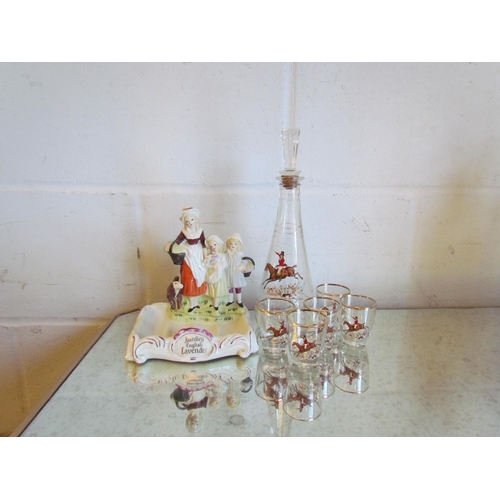 1020 - A ceramic Yardley soap dish together with a decanter and shot glass set with hunting scene design   ... 