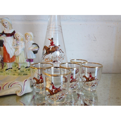 1020 - A ceramic Yardley soap dish together with a decanter and shot glass set with hunting scene design   ... 