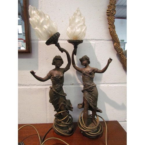 1029 - A pair of French bronzed spelter Art Nouveau lamps with flame glass shades, a/f, 56cm tall