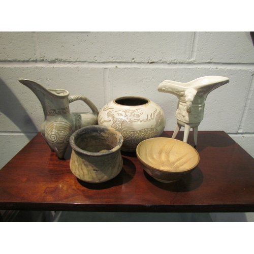 1030 - A Taoyuan oath cup, studio pottery jug of horse form, Oriental bowl, ancient vessel and Sgraffito po... 