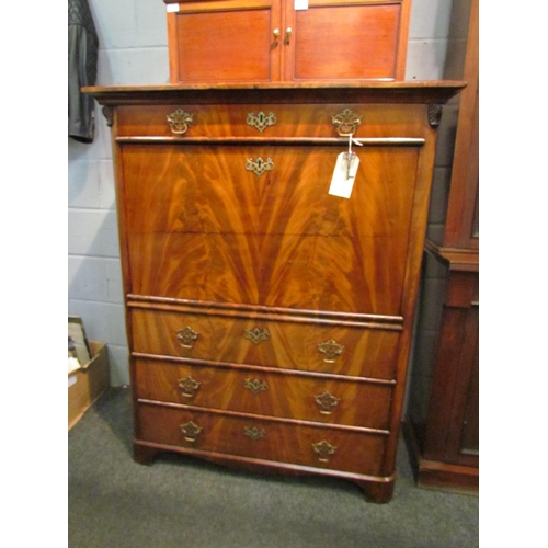 1052 - A 19th Century flame mahogany escritoire, the slim drawer over a fall-front opening to reveal a fitt... 